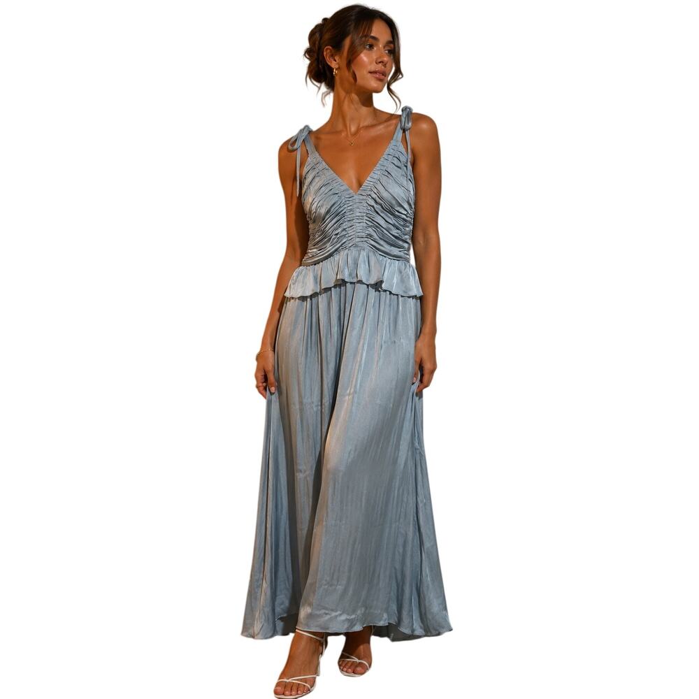 OPT Light Blue Gray Satin Tie Ruched V Neck Ruffle Flowy Gown Dress SMALL NEW